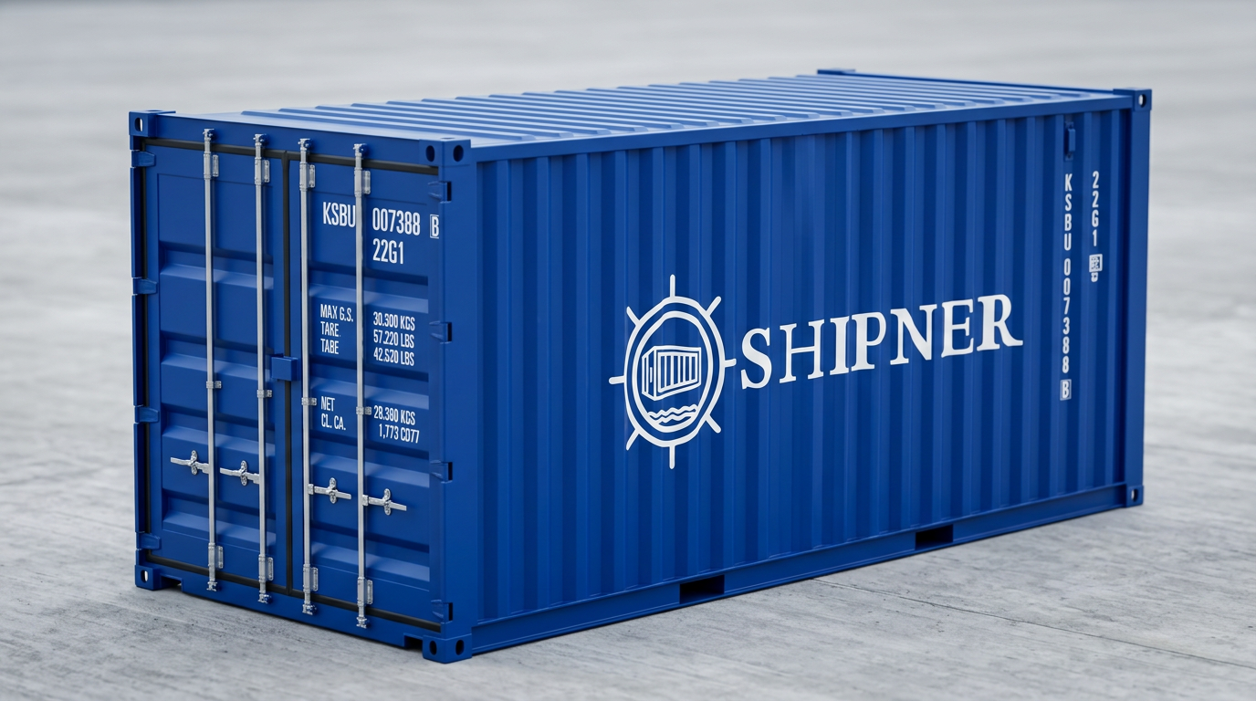 Navy Shipner branded shipping container in a terminal yard